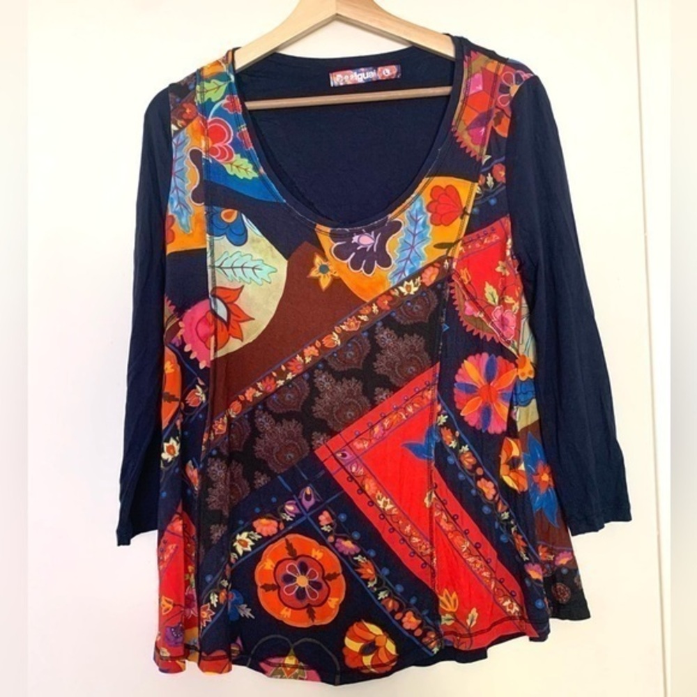 Desigual Boho Hippie Floral Multicolor Tunic Top Navy Blue Red Orange Size S-M-L